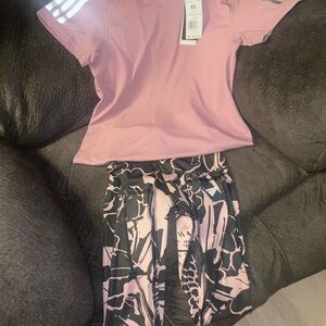 adidas Pink Short Sleeve Tee with Black & Pink Patterned Leggings